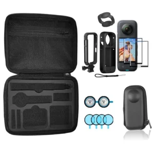 HIFFIN ACTION CAMERA ACCEESSORIES KIT FOR INSTA 360 ONE X3- ACCESSORIES BAG WITH PROTECTIVE FRAME, CARRY BAG, LENS GUARD, SILICONE CASE, LENS CAP, SCREEN TEMPERED FILM PROTECTOR