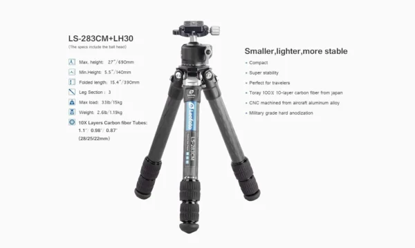 Leofoto LS-283CM+ LH30 Ball Head with Plate Professional Cabon Fiber Tripod