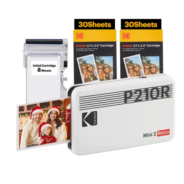 KODAK MINI 2 RETRO 4PASS PORTABLE PHOTO PRINTER (2.1X3.4 INCHES) + 68 SHEETS BUNDLE (BLACK,WHITE)