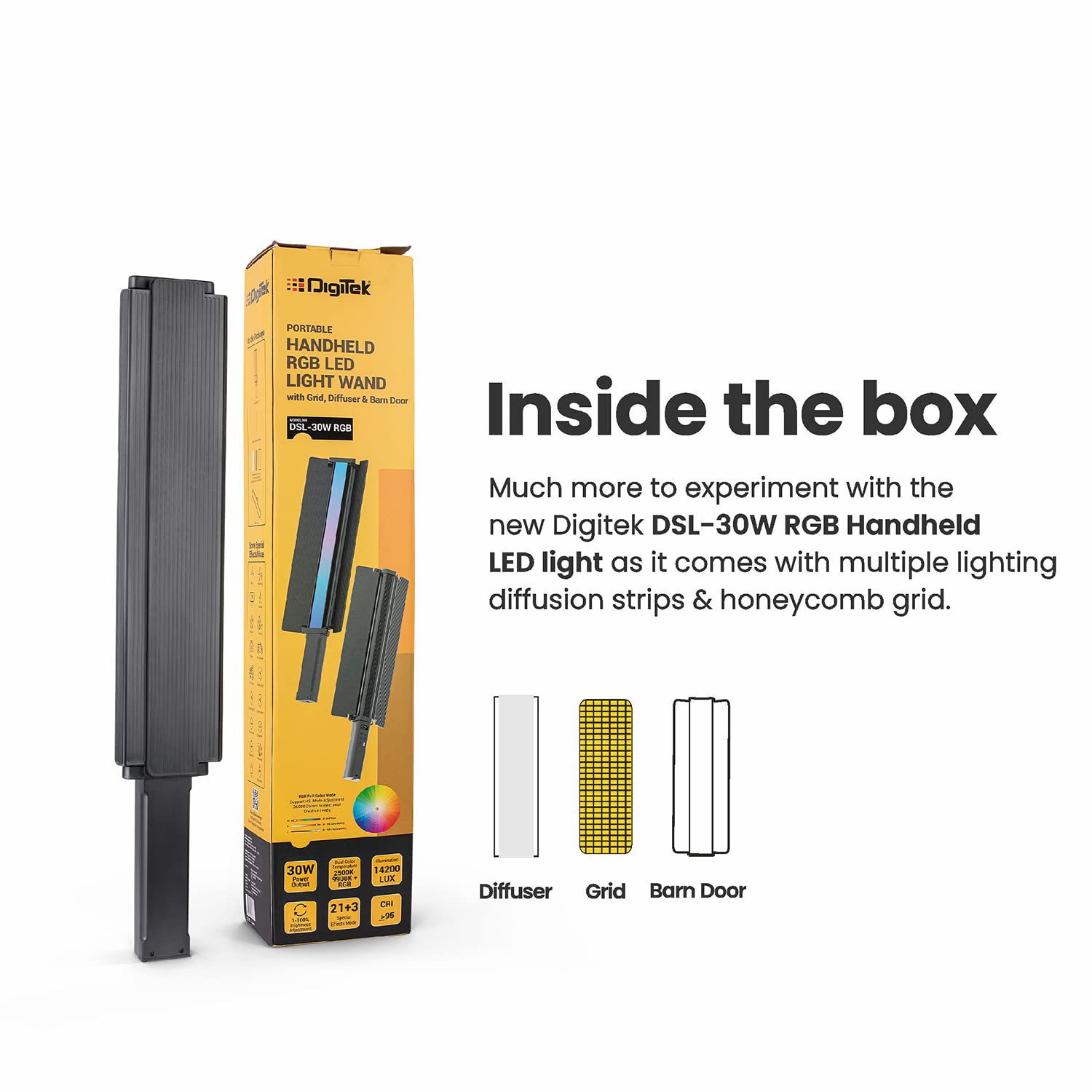 DIGITEK DSL-30W RGB PORTABLE HANDHELD RGB LED LIGHT WAND WITH GRID, DIFFUSER AND BARN DOOR COMES WITH A 5200MAH BUILT IN BATTERY PACK - Image 8