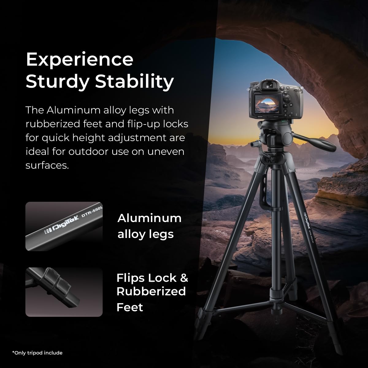 DIGITEK (DTR 550 LW) 67 INCH FOLDABLE TRIPOD STAND WITH PHONE HOLDER & 360° BALL HEAD - Image 4