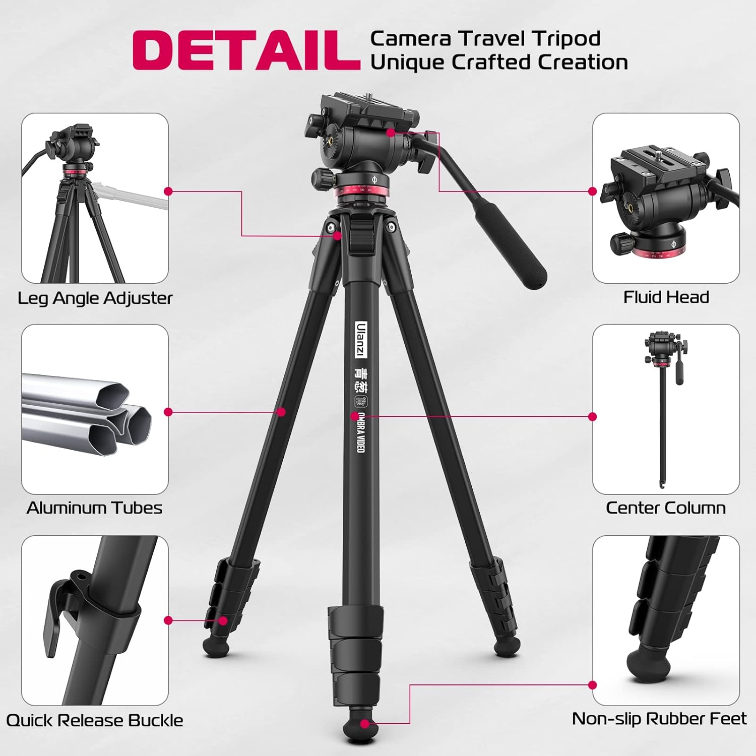 ULANZI MT-56 OMBRA BLACK ALUMINUM ALLOY 63" PROFESSIONAL CAMERA TRIPOD WITH FLUID PAN-TILT HEAD - Image 2