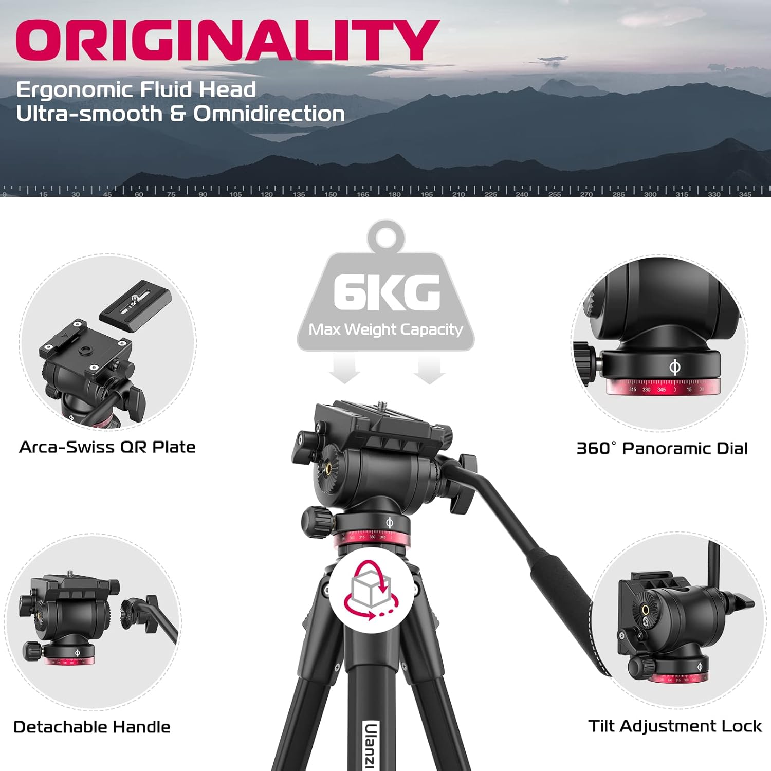 ULANZI MT-56 OMBRA BLACK ALUMINUM ALLOY 63" PROFESSIONAL CAMERA TRIPOD WITH FLUID PAN-TILT HEAD - Image 4