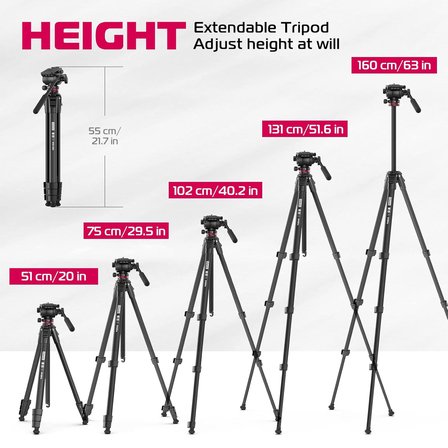 ULANZI MT-56 OMBRA BLACK ALUMINUM ALLOY 63" PROFESSIONAL CAMERA TRIPOD WITH FLUID PAN-TILT HEAD - Image 3